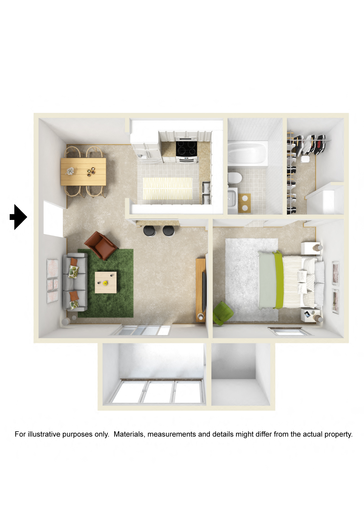 Floor plan for 1 bed, 1 bath, 666 sqft